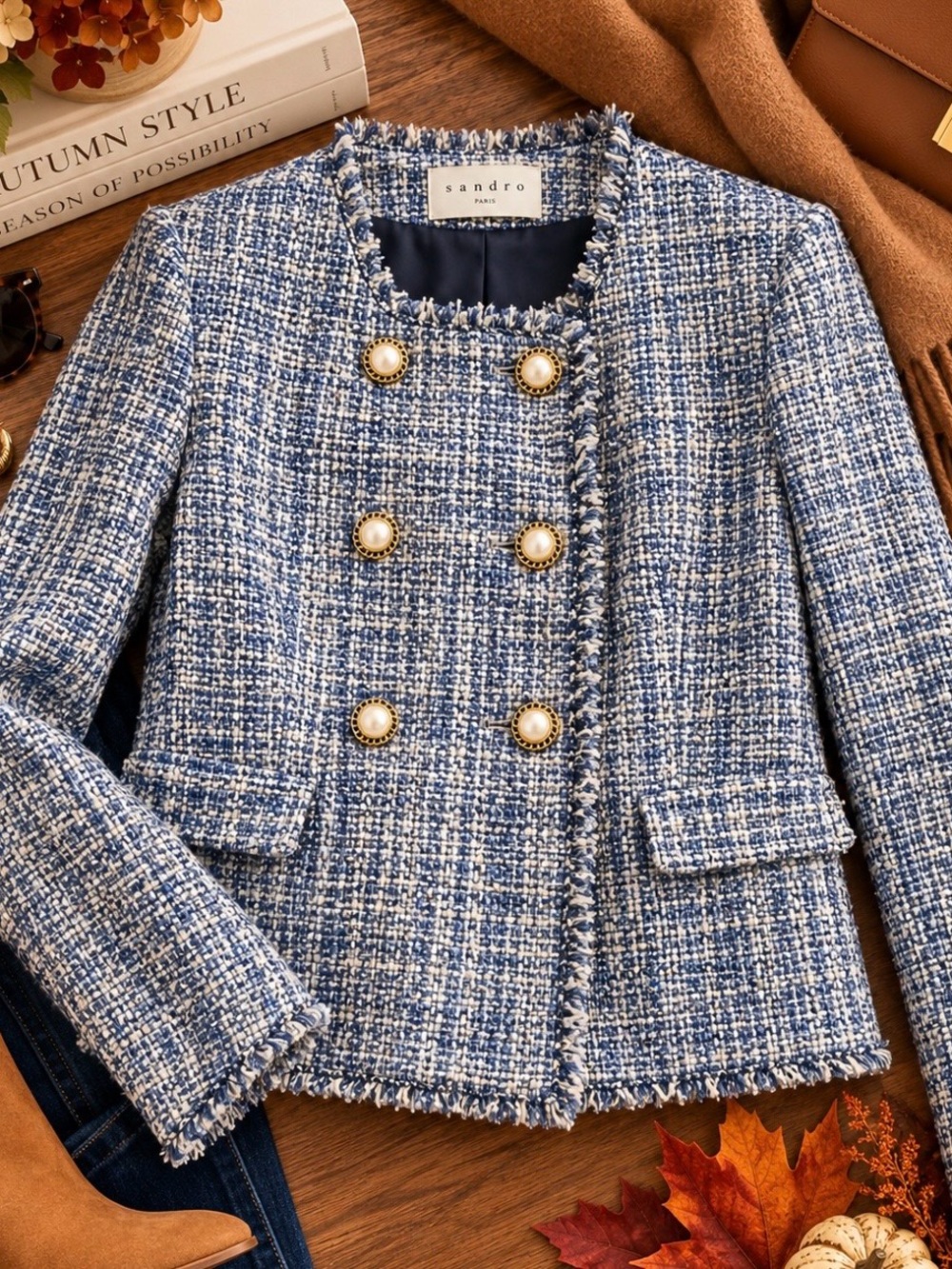 Anthropologie Blue Tweed Pearl-Button Blazer NWOT sz 10